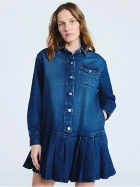 Scoop Charming Indigo Denim Pleated Mini Shirt Dress
